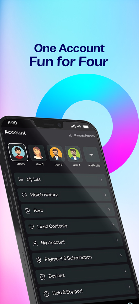 Bioscope+ - Bioscope plus account page showing four user profiles and settings menu