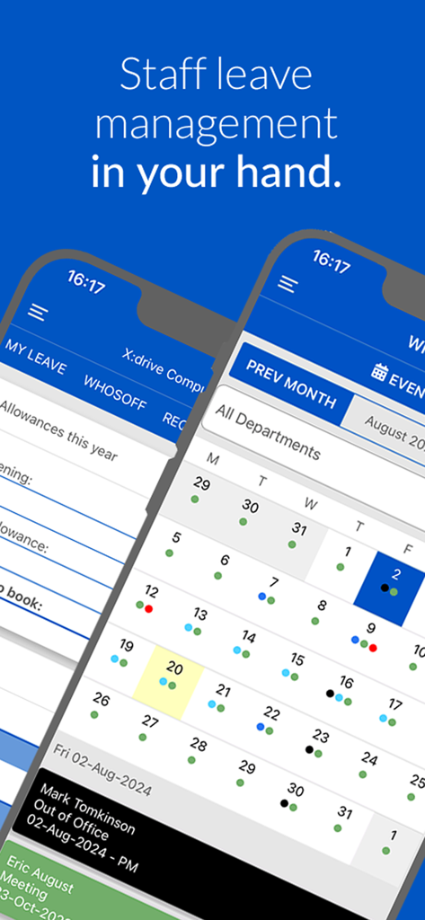 WhosOff. - Mobile interface of the WhosOff app showing a monthly calendar for staff leave and absence management.