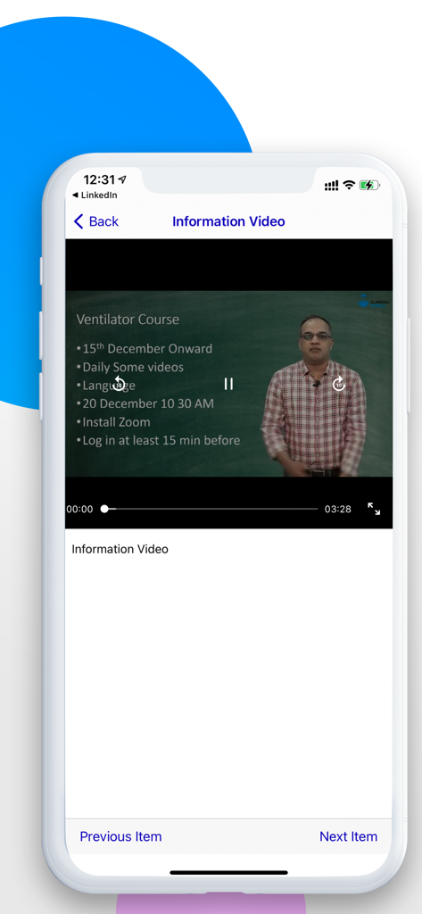 Clinical Guruji - A screenshot of the Clinical Guruji mobile app showing an information video for a medical ventilator course.