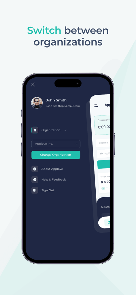Interface do aplicativo móvel Apploye para alternar entre diferentes organizações empresariais.
