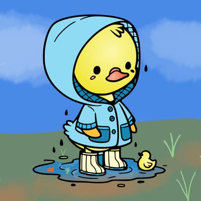 baby duck in a rain coat and boots, in a puddle while it’s raining
