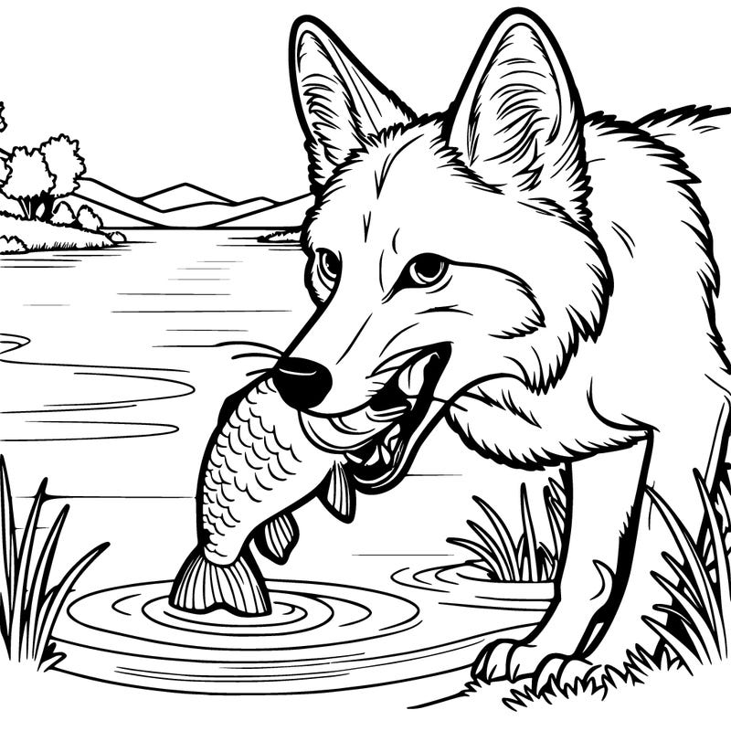 realistic coyote eating a fish next to a river
