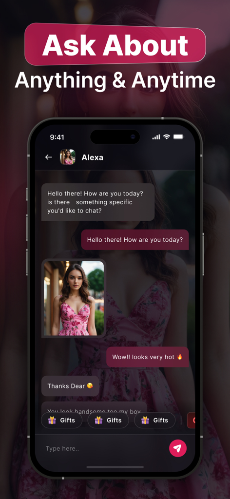 AI Girlfriend - Real Friends - Interfaz de chat de la aplicación AI Girlfriend mostrando una conversación con una compañera virtual