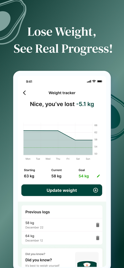 NoCarbsChallenge - Captura de pantalla de la función de seguimiento de pérdida de peso de la aplicación NoCarbsChallenge que muestra un gráfico de progreso de pérdida de peso y estadísticas actuales