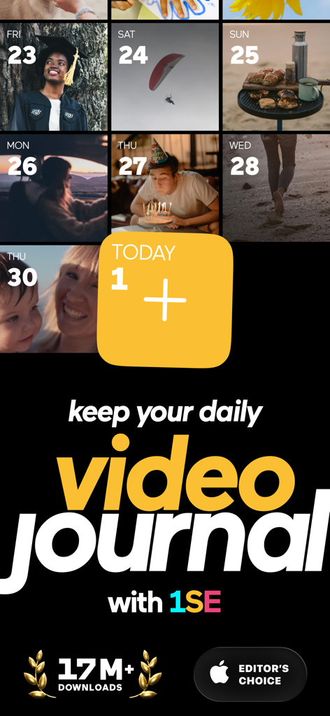 Interface of 1 Second Everyday app showing a grid of daily video memories and a button to add a new clip for today.