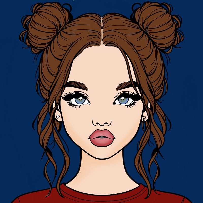realistic girl with two buns in hair and lips