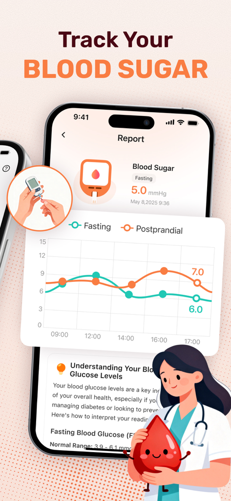 Health Tracker: Heart Rate Log - Tela do iPhone mostrando um relatório de açúcar no sangue com um gráfico de tendência para níveis de glicose em jejum e pós-prandiais.