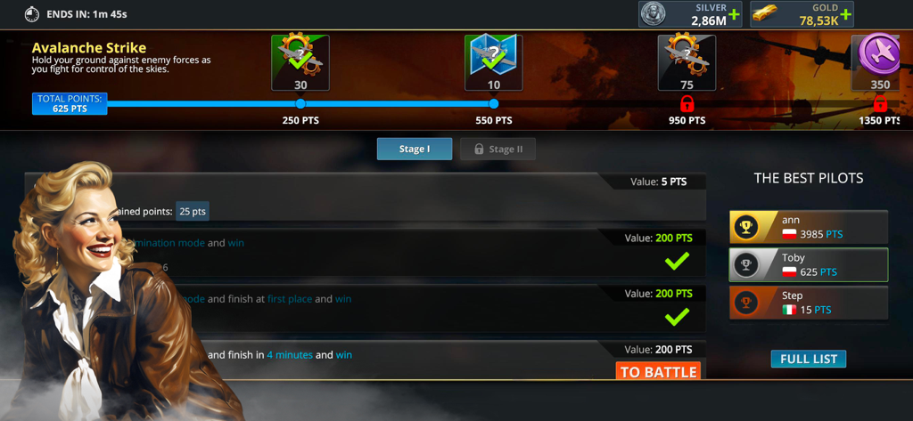 Wings of Heroes: WW2 Planes - Interfaz del juego Wings of Heroes mostrando la progresión de recompensas del evento Avalanche Strike y la tabla de clasificación de pilotos