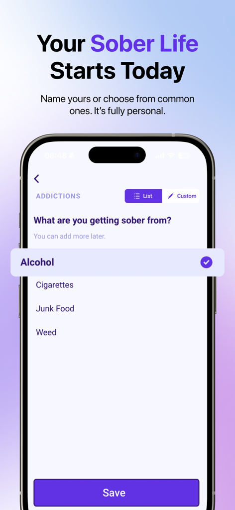 Sobriety Tracker Day Counter - Uma interface de aplicativo móvel intitulada Sua Vida Sobria Começa Hoje, mostrando uma lista para selecionar vícios como álcool, cigarros e fast food.