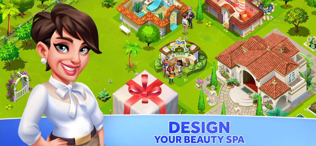 My Spa Resort - カスタマイズ可能なスパリゾートのレイアウトの前で笑顔の女性キャラクターが、「あなただけのビューティスパをデザイン」というテキストとともにいる