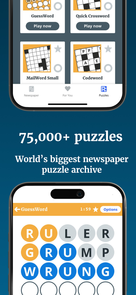 Interface of the Scottish Daily Mail app showing a variety of word puzzles and an archive of over 75,000 newspaper games.