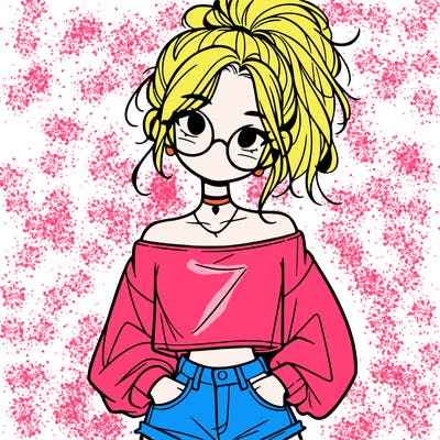 girl with a messy ponytail glasses a baggy crop top and jean shorts