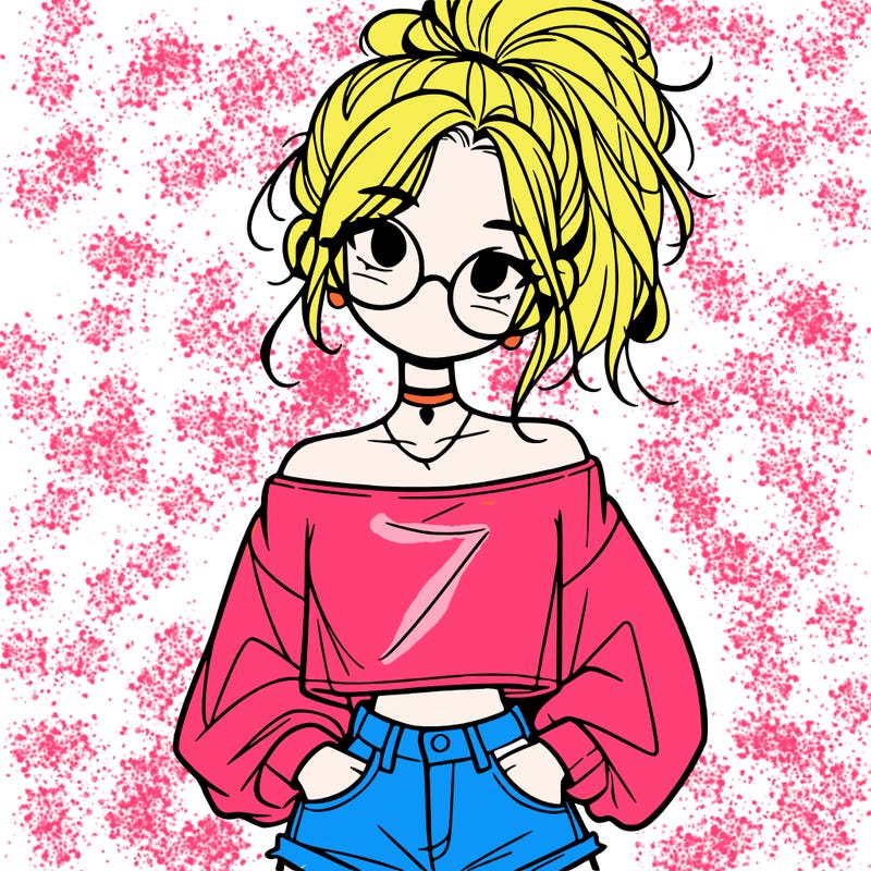 girl with a messy ponytail glasses a baggy crop top and jean shorts