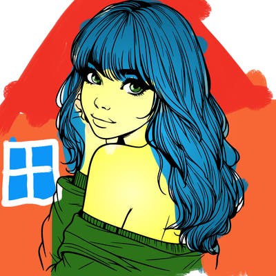 realistic girl with bangs looking over her shoulder