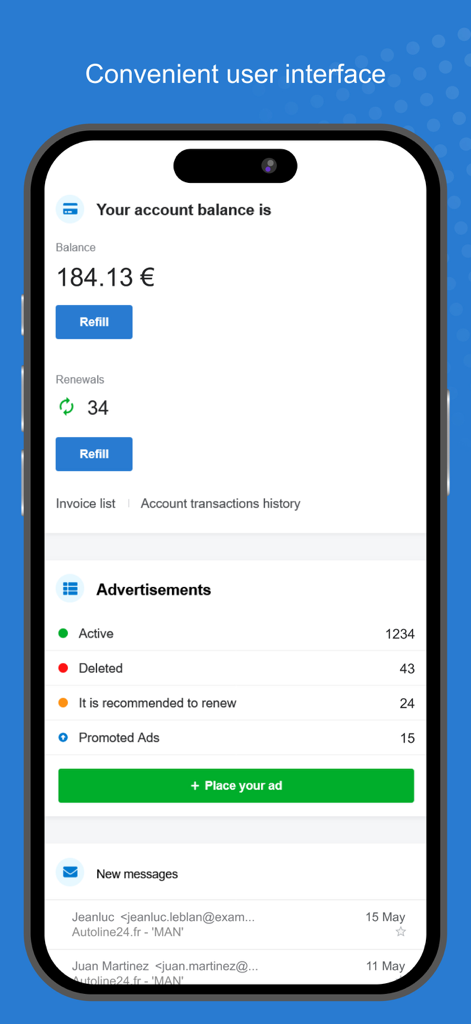 Autoline - Tela do aplicativo Autoline mostrando saldo da conta e estatísticas de gerenciamento de anúncios