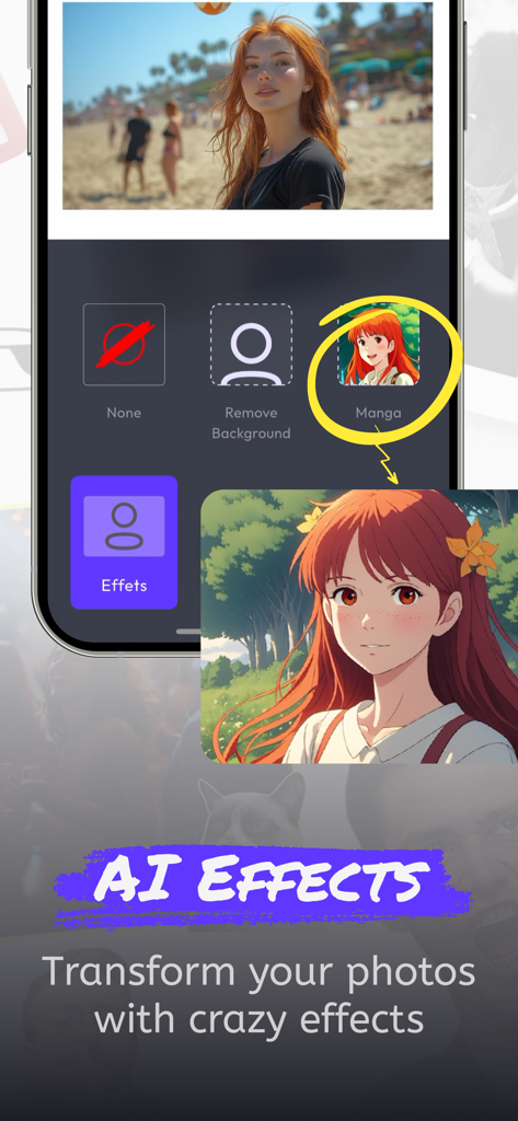 JamWall: Live collage - JamWall app interface showing a portrait photo being transformed into a manga style using AI effects.