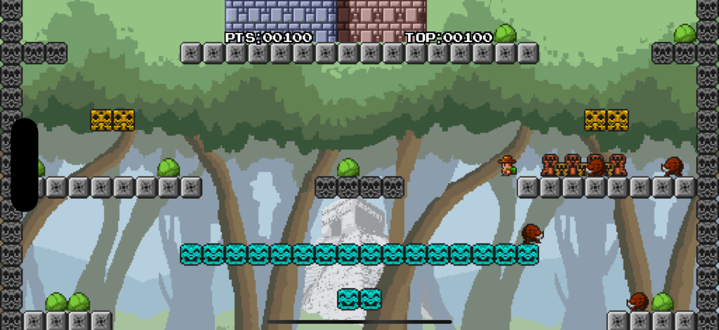 Aztec Antics - Juego retro de arte de píxeles de Aztec Antics mostrando a un personaje navegando por un nivel selvático con plataformas de piedra y enemigos