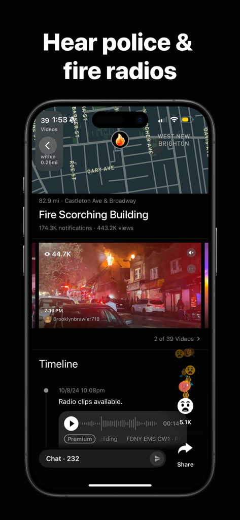 Screenshot of the Citizen app showing a live fire incident with access to police and fire radio clips