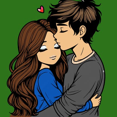 a realistic couple boy and girl hugging and kissing