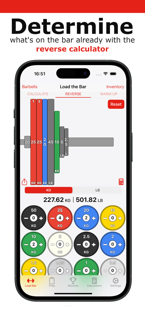 Bar Is Loaded - Gym Calculator - Mobile interface of the Bar Is Loaded app showing a barbell loaded with plates and a total weight calculation in KG and LB