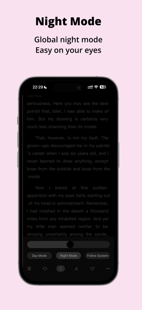 Readingo app global night mode interface on a mobile phone