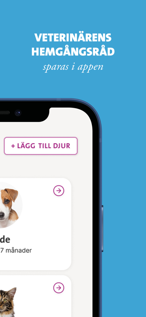 Evidensia mobile app displaying pet profiles and medical advice storage feature