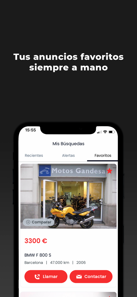 Motos.net - Motos de ocasión - Aplicación móvil Motos.net mostrando un anuncio de moto guardado en la sección de favoritos.