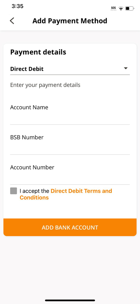 Add Payment Method screen in the eGiving app showing bank account details for direct debit