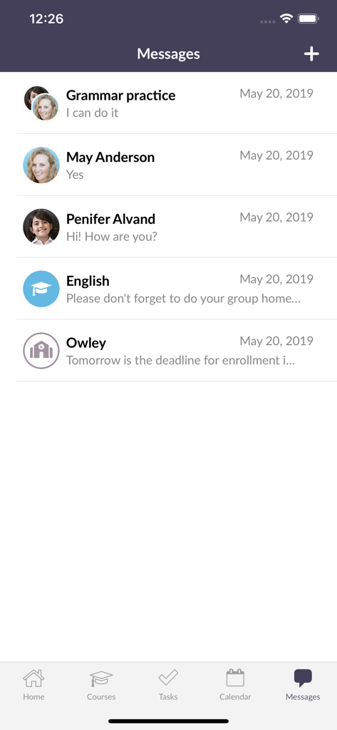 Messages screen of the itslearning mobile app showing a list of student and teacher conversations