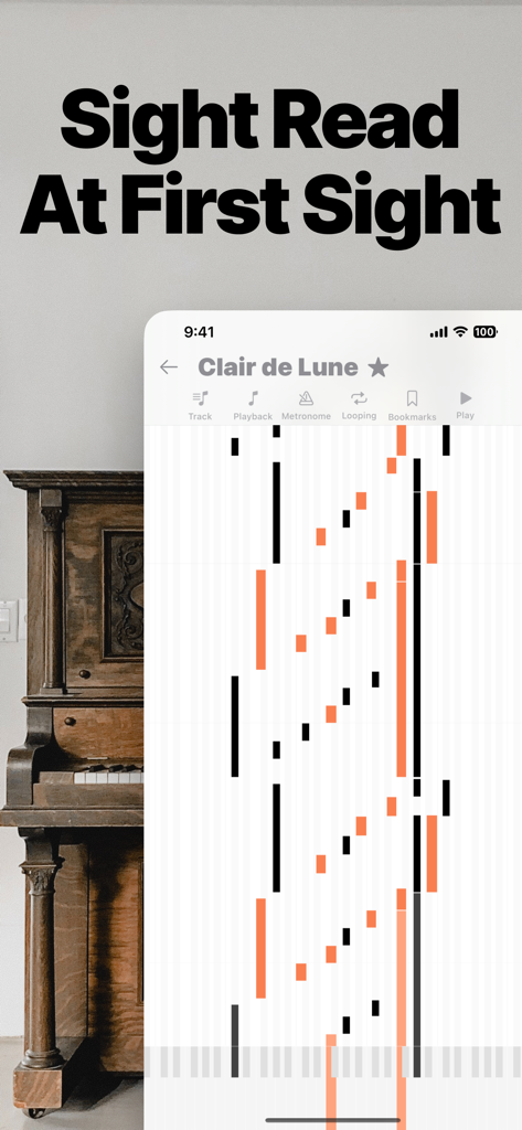 Piano Tabs: Learn & Practice - Interfaz de la aplicación Pestañas de Piano mostrando un desplazamiento visual de notas para la pieza clásica Claro de Luna