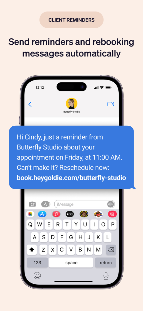 A smartphone screen showing an automated appointment reminder text message for a client
