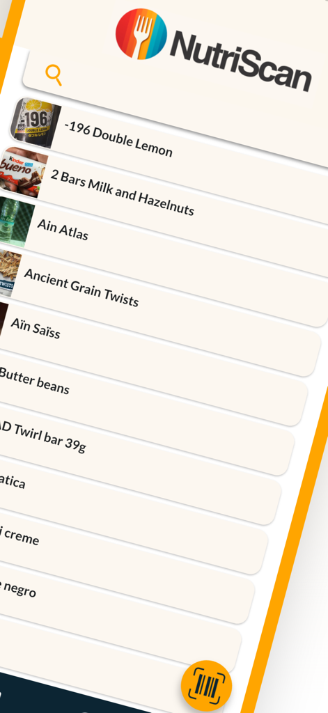 NutriScan: Know What You Eat - NutriScanアプリのインターフェース。食品のリストとバーコードスキャンボタンが表示されています。