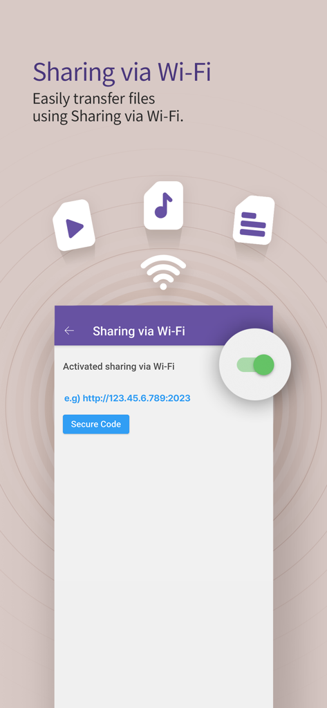 KMPlayer+ Divx Codec - Interface of KMPlayer Plus showing the Wi-Fi sharing feature for wireless file transfer between devices.
