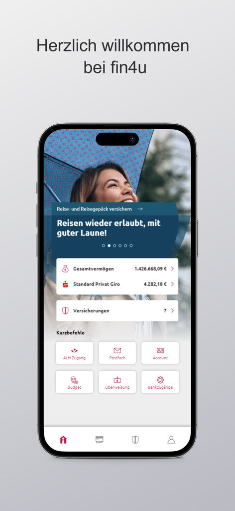 fin4u - Tela de smartphone exibindo o painel do aplicativo fin4u com resumo financeiro e pasta de seguros