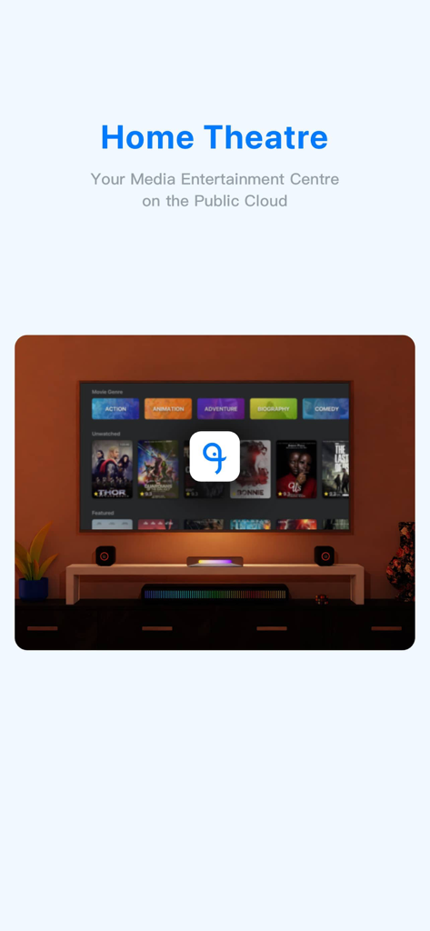 Interface Home Theatre de l'application FEB affichant une bibliothèque de films sur un écran de TV