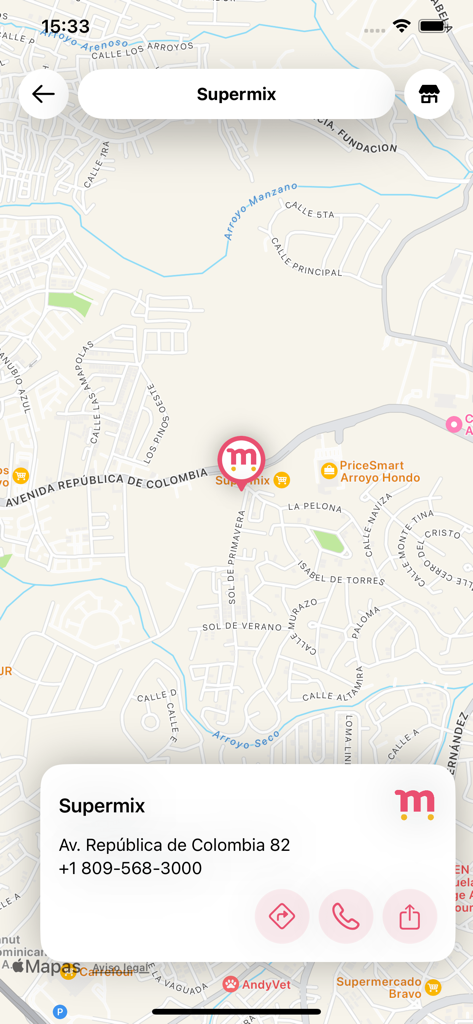 Supermix - Map view showing the Supermix store location with address and contact details in the Dominican Republic