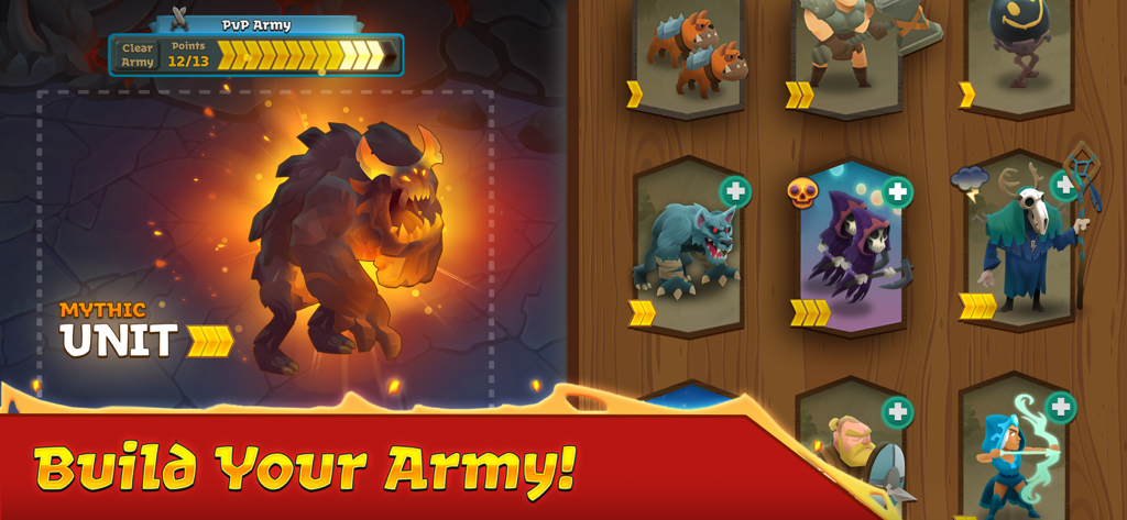 Battle Legion - Mass Battler - Interface showing a mythic fire golem unit and a selection of different army units in Battle Legion