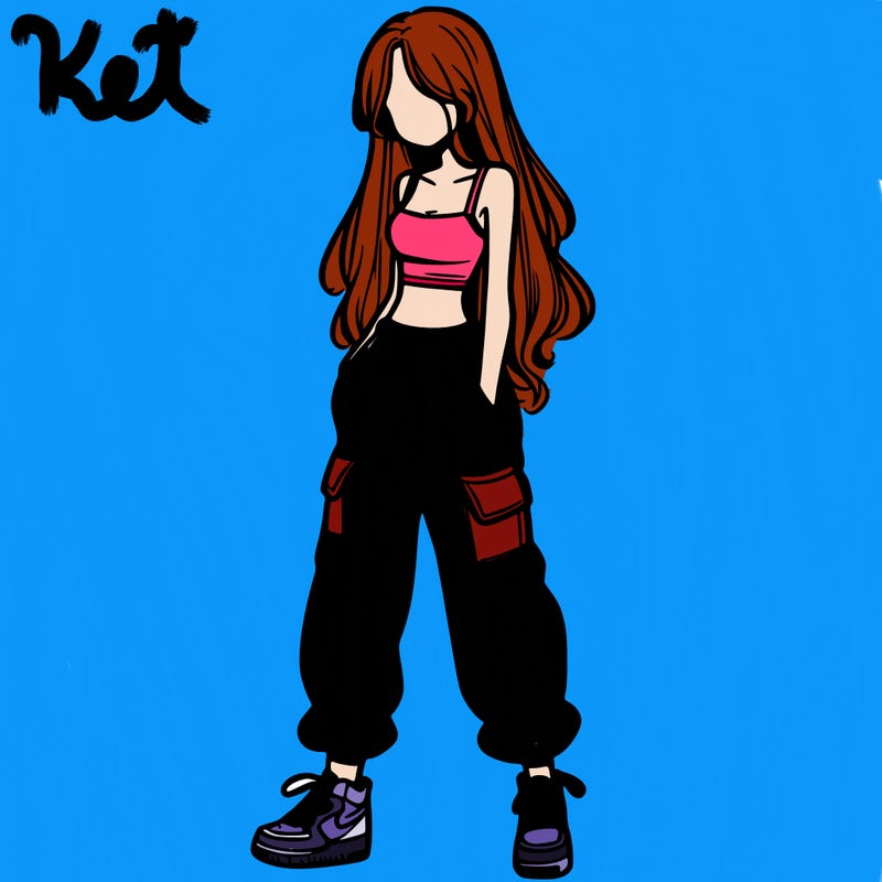 girl in baggy pants crop top and long hair