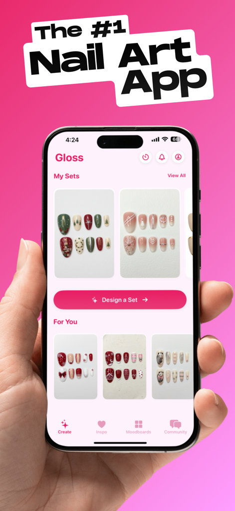 Gloss Nail Art - A hand holding a smartphone displaying the home screen of the Gloss Nail Art app with curated nail design collections.