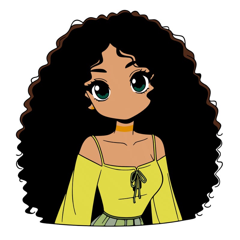 a black anime girl with long afro hair