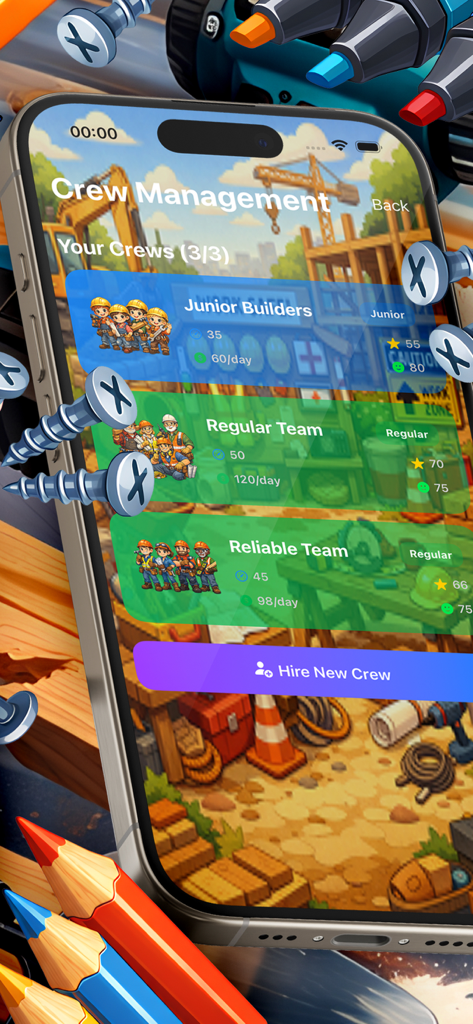 Towerish - Captura de pantalla de la interfaz de gestión de equipo de Towerish que muestra equipos de constructores junior y regulares con un botón para contratar nuevo personal