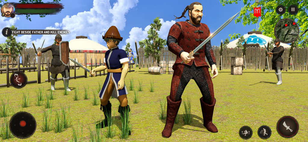 Gioco d'azione storico di Osman Gazi che mostra combattimenti con la spada e personaggi in un accampamento