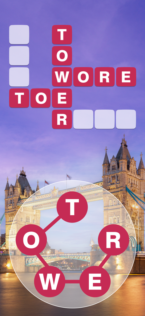 World of Wonders - Word Search - Una interfaz de juego de sopa de letras con una imagen de fondo del Puente de la Torre de Londres