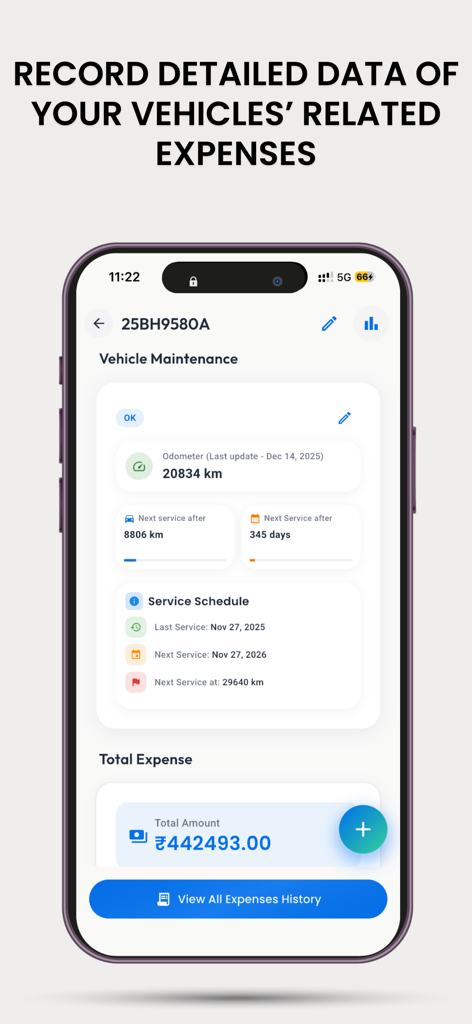 IDG: Autolokate - IDG Autolokate app screen showing vehicle maintenance details, service schedule, and total expense in rupees