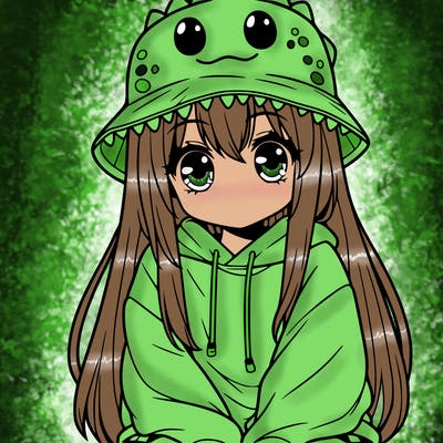 girl with anime shaped eyes with a dinosaur bucket hat oversized sweatshirt long straight hair