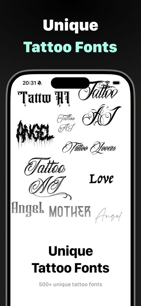 Tattoo AI: Generator & Maker - A collection of diverse and artistic tattoo font styles displayed within the app interface.