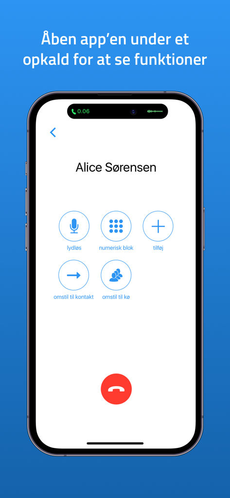 Myfone mobile app interface during an active call showing professional communication options like call transfer to contact or queue