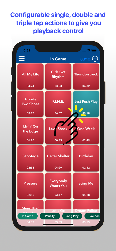 Mobile interface of Sports Audio DJ app showing a grid of song titles with a hand icon demonstrating tap actions for music playback