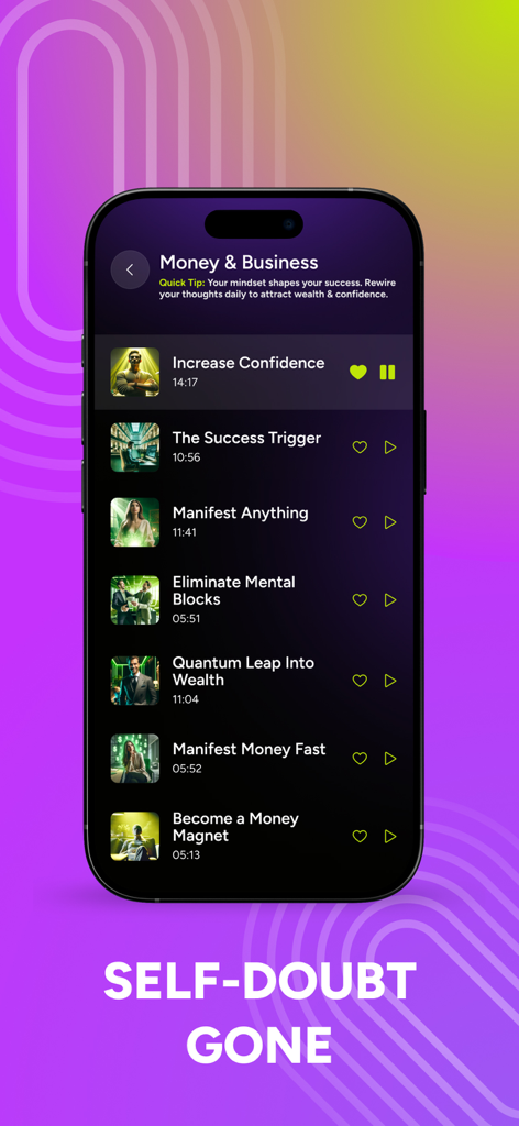 MINDMOD: Hypnosis & Meditation - Pantalla de la aplicación MINDMOD mostrando la lista de sesiones de hipnosis de Dinero y Negocios y el texto Adiós a la Duda
