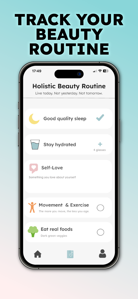 Simple Face Yoga • - Rastreador de rutina de belleza holística en la aplicación Yoga Facial Simple que muestra hábitos de bienestar diarios como el sueño, la hidratación y el ejercicio.